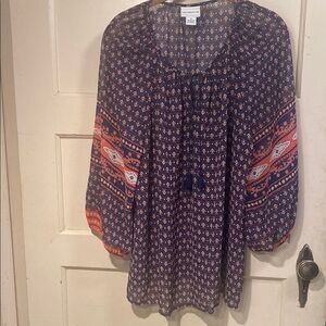 Liz Claiborne Navy Blue and Orange Boho Print Peasant Tunic Size XL